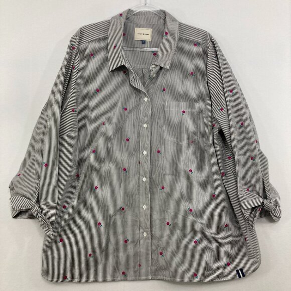 COURT & ROWE size 3X Striped Floral Embroidered Bow Tie Sleeve Button Down - Picture 2 of 11